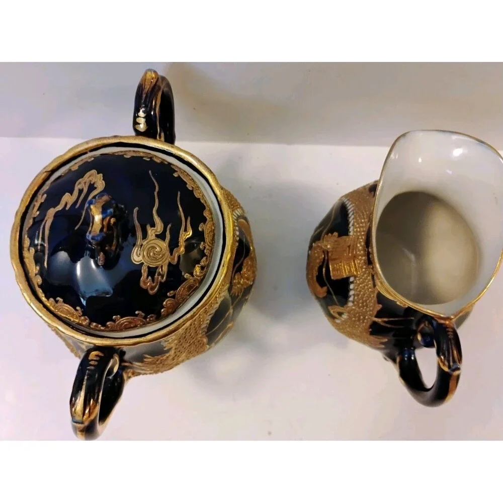 Vtg Chinese Fuzhou Lacquer Dragon Creamer & Sugar Bowl Set Black Gold Collect